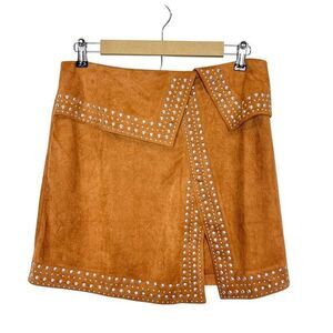 NWT Vocal Skirt Womens XL Brown Silver Studded Embellished Faux Suede Lori Mini
